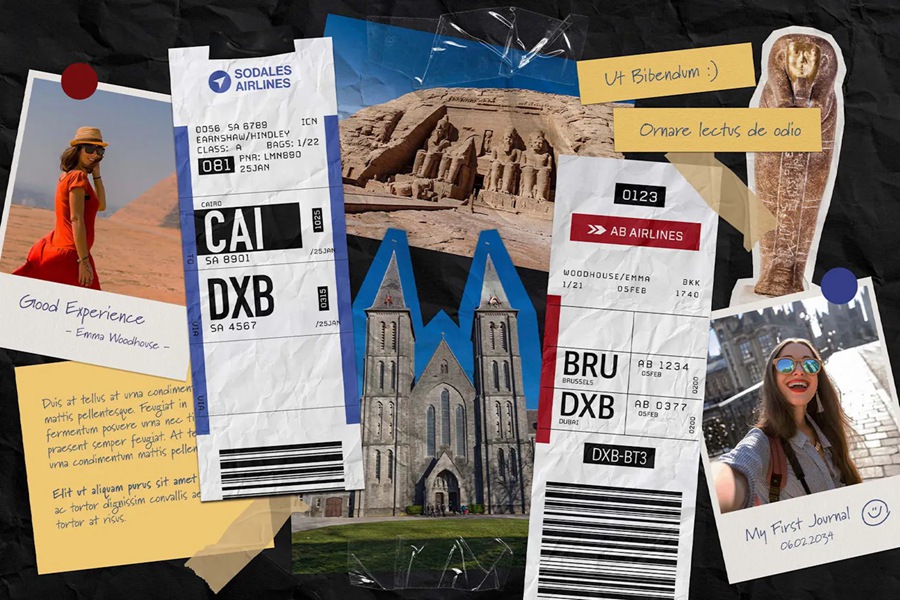 14个复古撕纸照片相框拼贴剪贴簿情绪板旅游日记账单手账PSD特效样机 , sucaiwan.com