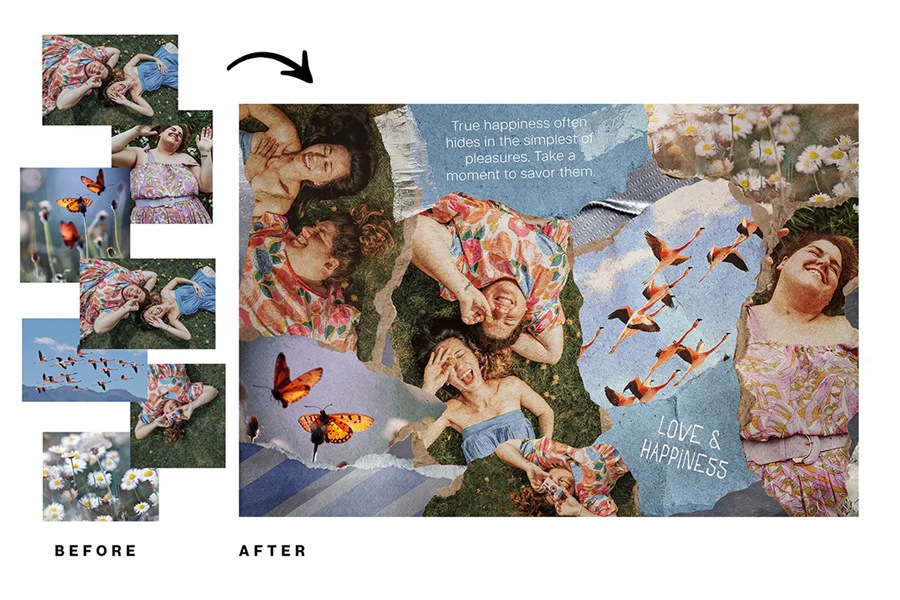 14个复古撕纸照片相框拼贴剪贴簿情绪板旅游日记账单手账PSD特效样机 , sucaiwan.com