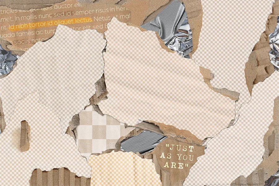 14个复古撕纸照片相框拼贴剪贴簿情绪板旅游日记账单手账PSD特效样机 , sucaiwan.com