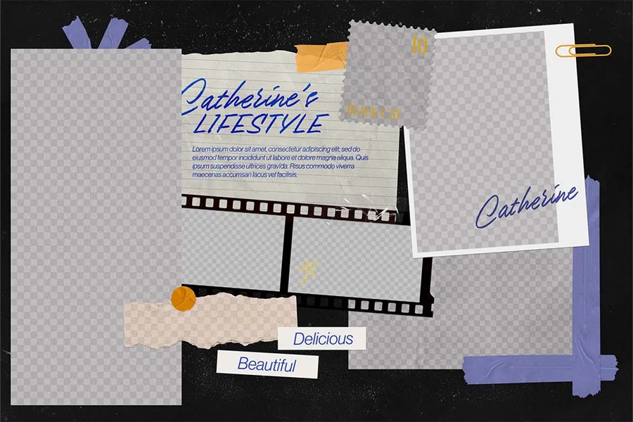 14个复古撕纸照片相框拼贴剪贴簿情绪板旅游日记账单手账PSD特效样机 , sucaiwan.com