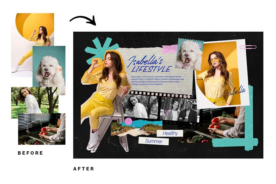 14个复古撕纸照片相框拼贴剪贴簿情绪板旅游日记账单手账PSD特效样机 , sucaiwan.com