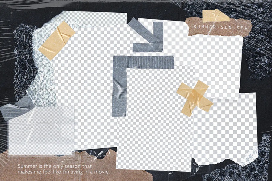 14个复古撕纸照片相框拼贴剪贴簿情绪板旅游日记账单手账PSD特效样机 , sucaiwan.com