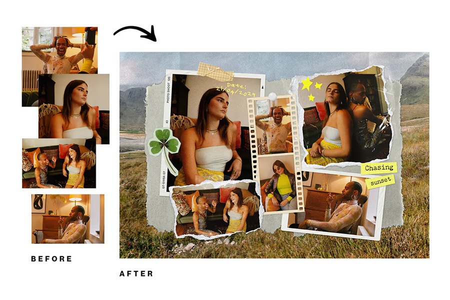 14个复古撕纸照片相框拼贴剪贴簿情绪板旅游日记账单手账PSD特效样机 , sucaiwan.com