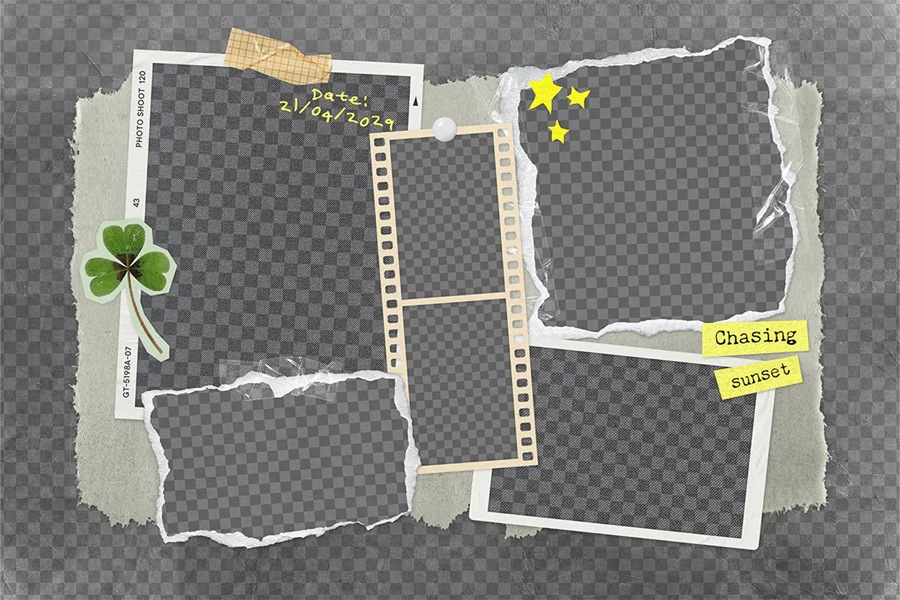 14个复古撕纸照片相框拼贴剪贴簿情绪板旅游日记账单手账PSD特效样机 , sucaiwan.com