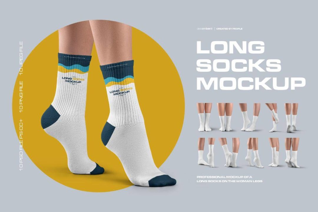 10款时尚女士长袜袜子印花LOGO图案设计PS展示效果图样机模板素材 10 Mockups Long Socks on the Woman Legs 样机素材 sucaiwan.com