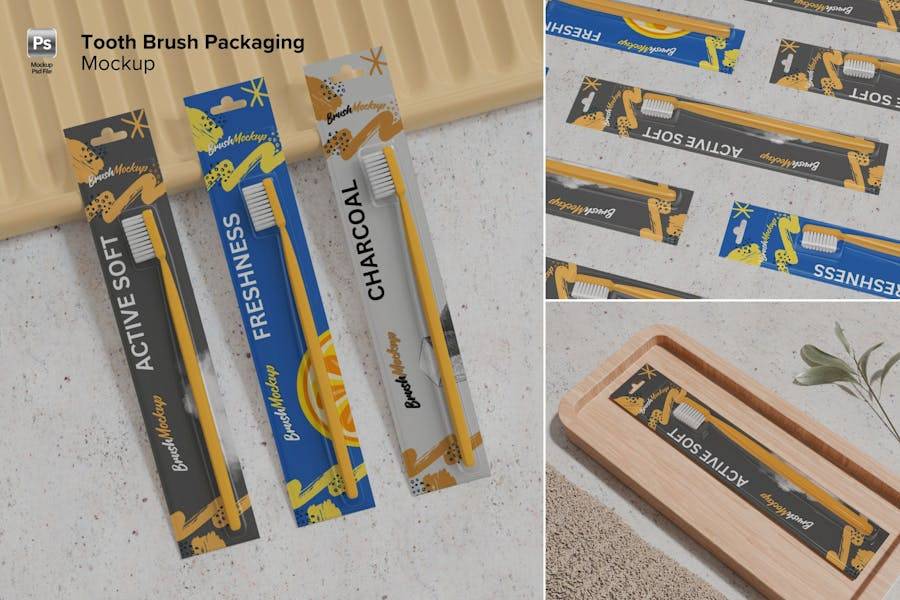 逼真牙刷包装盒设计展示效果图PS贴图样机模板素材 Tooth Brush Packaging Mockup 样机素材 sucaiwan.com