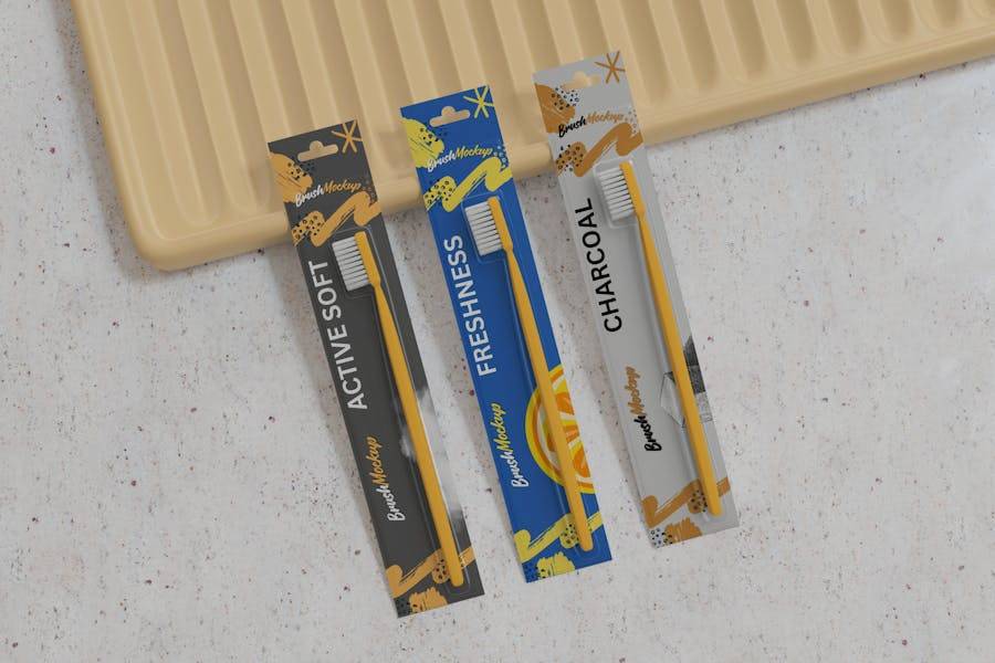 逼真牙刷包装盒设计展示效果图PS贴图样机模板素材 Tooth Brush Packaging Mockup 样机素材 sucaiwan.com