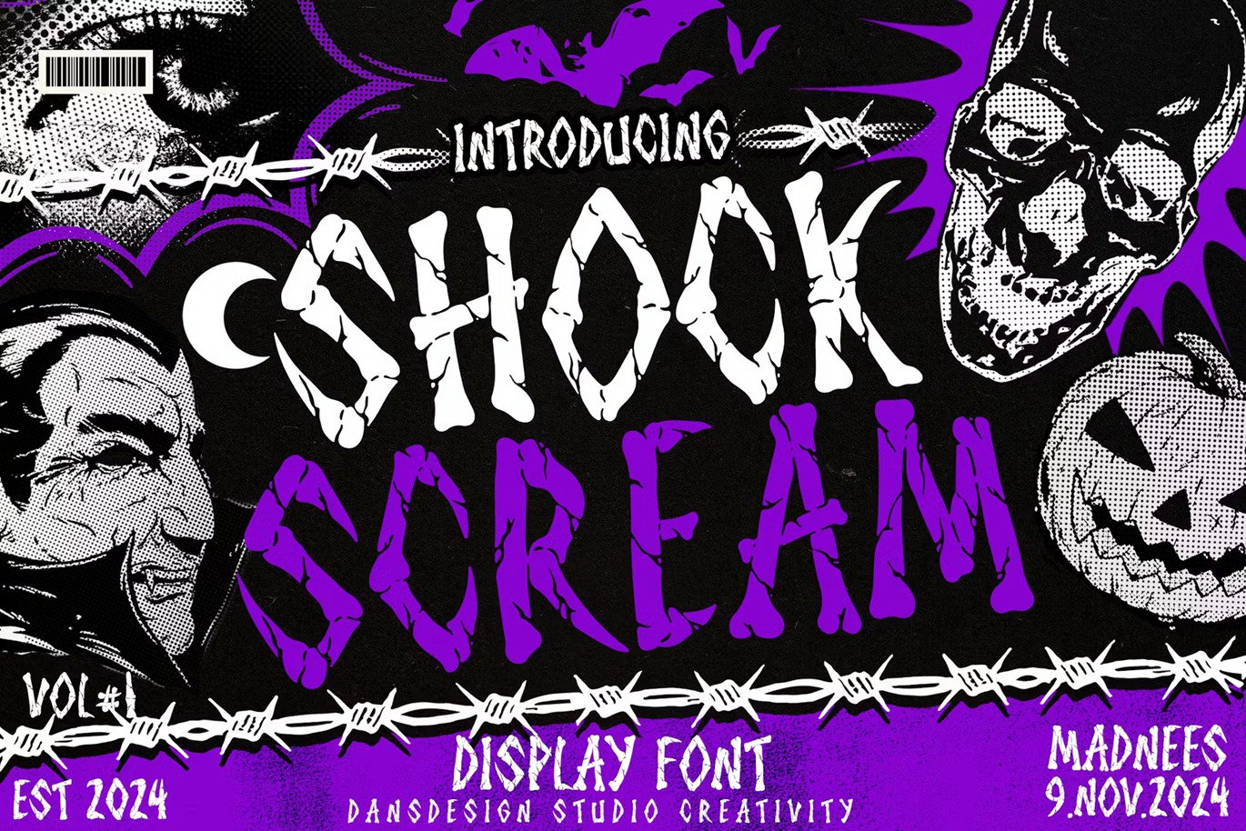 复古商业品牌服装徽标设计y2k装饰英文字体安装包 Shock Scream Horror Display Font 设计素材 sucaiwan.com