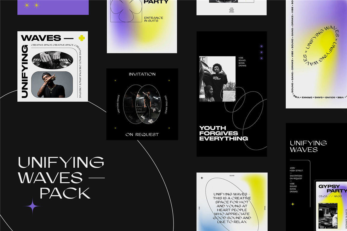 潮流复古弥散光渐变粗体文本音乐INS公众号海报推文排版PSD模版 UNIFYING WAVES Instagram Templates 设计素材 第1张-素材湾丨精选海外优质设计素材资源 潮流复古弥散光渐变粗体文本音乐INS公众号海报推文排版PSD模版 UNIFYING WAVES Instagram Templates 设计素材 sucaiwan.com