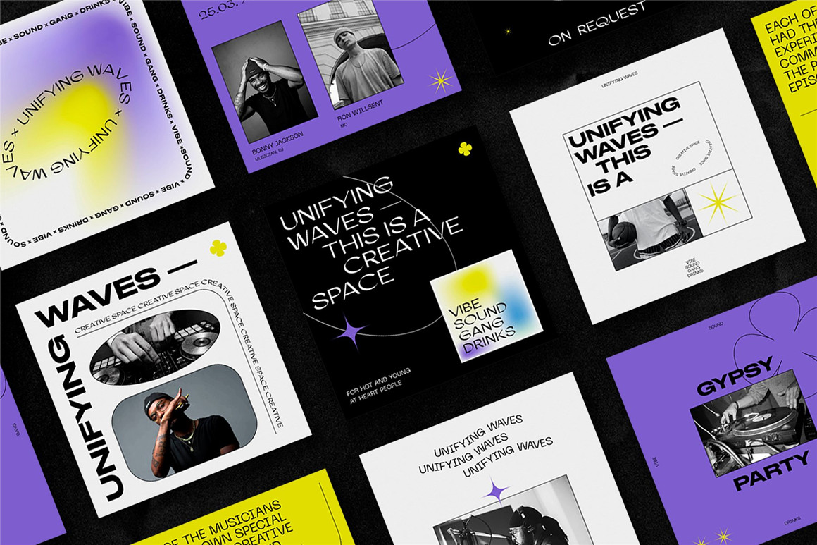 潮流复古弥散光渐变粗体文本音乐INS公众号海报推文排版PSD模版 UNIFYING WAVES Instagram Templates 设计素材 第4张-素材湾丨精选海外优质设计素材资源 潮流复古弥散光渐变粗体文本音乐INS公众号海报推文排版PSD模版 UNIFYING WAVES Instagram Templates 设计素材 sucaiwan.com