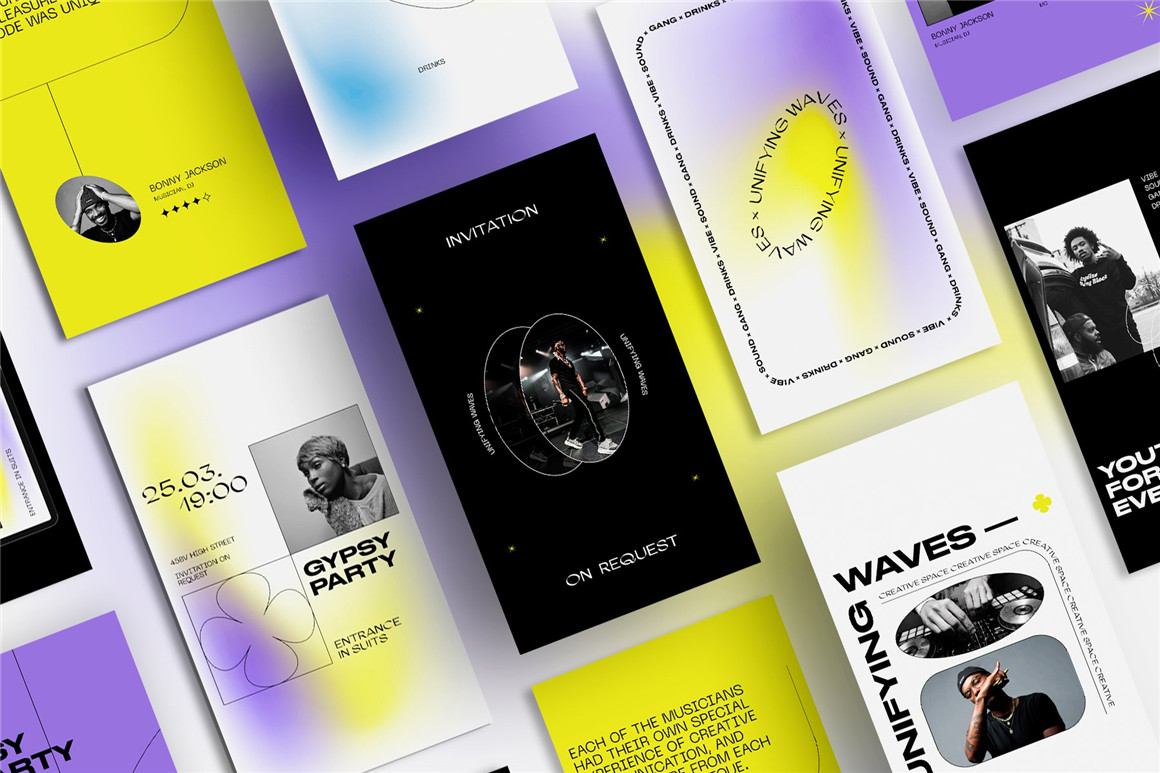 潮流复古弥散光渐变粗体文本音乐INS公众号海报推文排版PSD模版 UNIFYING WAVES Instagram Templates 设计素材 第6张-素材湾丨精选海外优质设计素材资源 潮流复古弥散光渐变粗体文本音乐INS公众号海报推文排版PSD模版 UNIFYING WAVES Instagram Templates 设计素材 sucaiwan.com