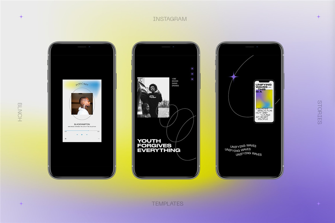 潮流复古弥散光渐变粗体文本音乐INS公众号海报推文排版PSD模版 UNIFYING WAVES Instagram Templates 设计素材 第9张-素材湾丨精选海外优质设计素材资源 潮流复古弥散光渐变粗体文本音乐INS公众号海报推文排版PSD模版 UNIFYING WAVES Instagram Templates 设计素材 sucaiwan.com