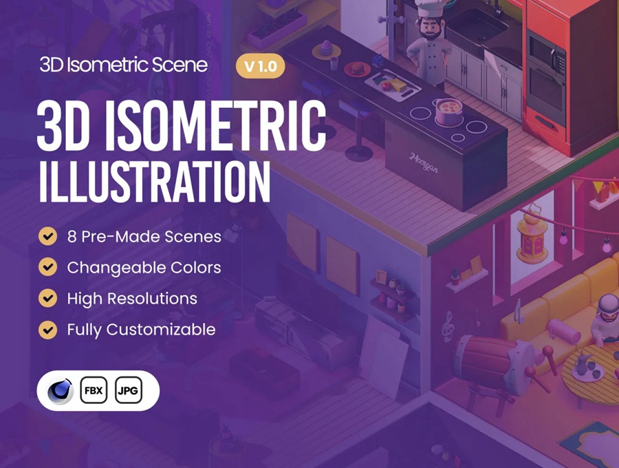 卡通创意人物办公生活锻炼医院厨房3D场景模型C4D/FBX/JPG格式设计素材 Moorgan 3D Rooms Isometric Scenes (v1.0) , sucaiwan.com
