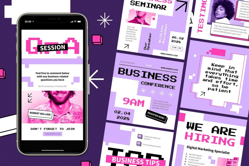 紫色像素化ins风公众号推文电商海报设计PSD分层源文件素材 Purple Pixelated Business Instagram Set 幻灯图表 第1张-素材湾丨精选海外优质设计素材资源 紫色像素化ins风公众号推文电商海报设计PSD分层源文件素材 Purple Pixelated Business Instagram Set 幻灯图表 sucaiwan.com