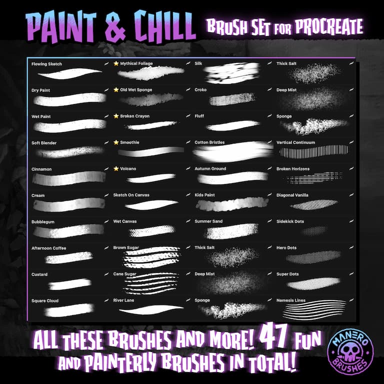 柔软颗粒喷绘水墨半色调数字艺术绘画效果procreate笔刷画笔素材 Paint & Chill Brush Set for Procreate 笔刷资源 sucaiwan.com