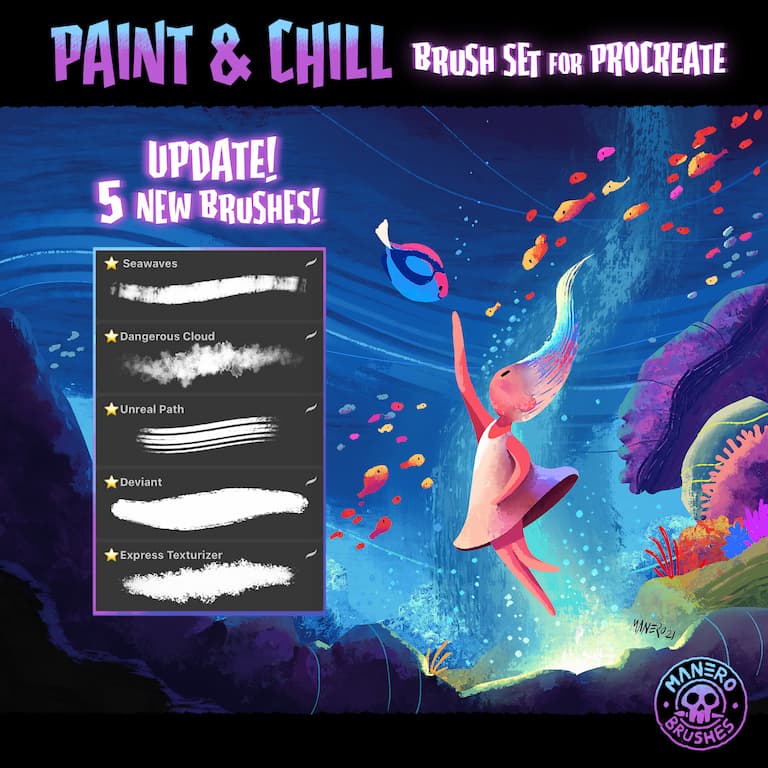 柔软颗粒喷绘水墨半色调数字艺术绘画效果procreate笔刷画笔素材 Paint & Chill Brush Set for Procreate 笔刷资源 sucaiwan.com