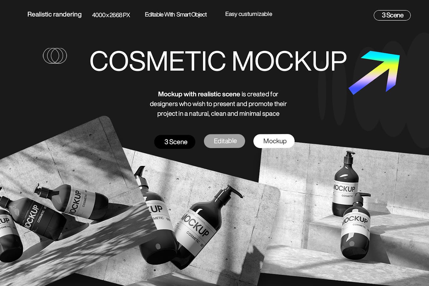 混凝土背景化妆护肤品按压泵瓶包装瓶展示效果图PSD样机模板设计素材 Elegant Cosmetic Bottles Mockup on Concrete 样机素材 sucaiwan.com