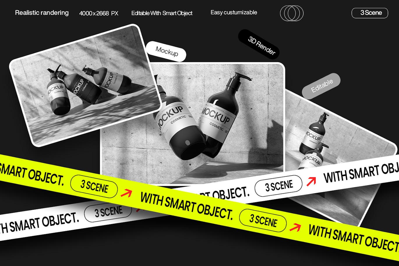 混凝土背景化妆护肤品按压泵瓶包装瓶展示效果图PSD样机模板设计素材 Elegant Cosmetic Bottles Mockup on Concrete 样机素材 sucaiwan.com