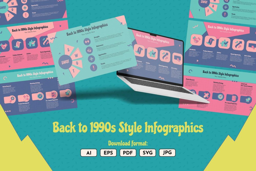 时尚复古美学信息图表图文排版设计模板 Back to 1990s Style Infographics 幻灯图表 sucaiwan.com