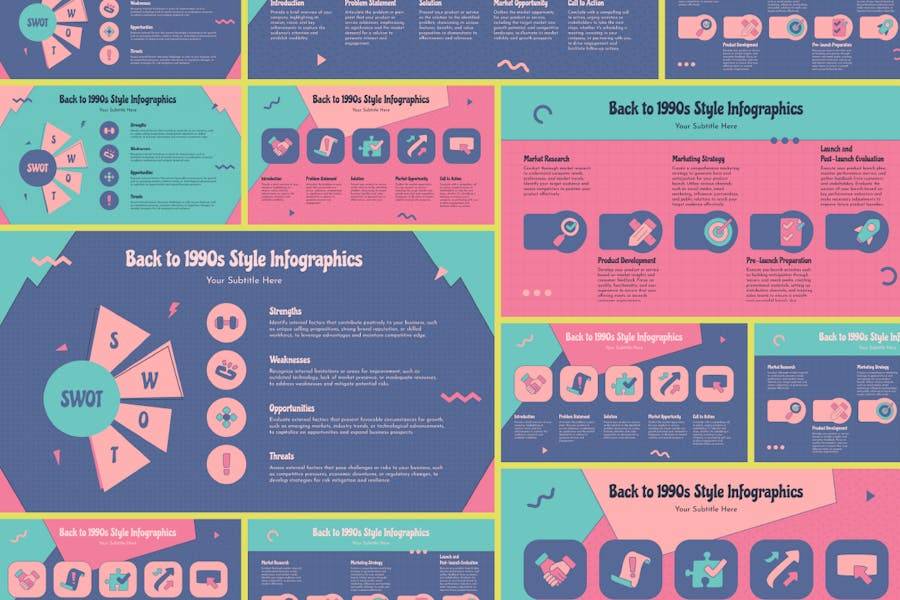 时尚复古美学信息图表图文排版设计模板 Back to 1990s Style Infographics 幻灯图表 sucaiwan.com
