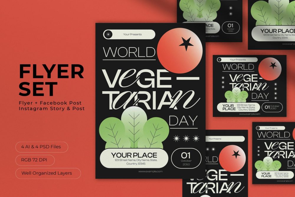 黑色现代极简素食日传单INS风传单海报排版版式设计PS/AI模板素材 Black Modern Minimalist Vegetarian Day Flyer Set 幻灯图表 第1张-素材湾丨精选海外优质设计素材资源 黑色现代极简素食日传单INS风传单海报排版版式设计PS/AI模板素材 Black Modern Minimalist Vegetarian Day Flyer Set 幻灯图表 sucaiwan.com
