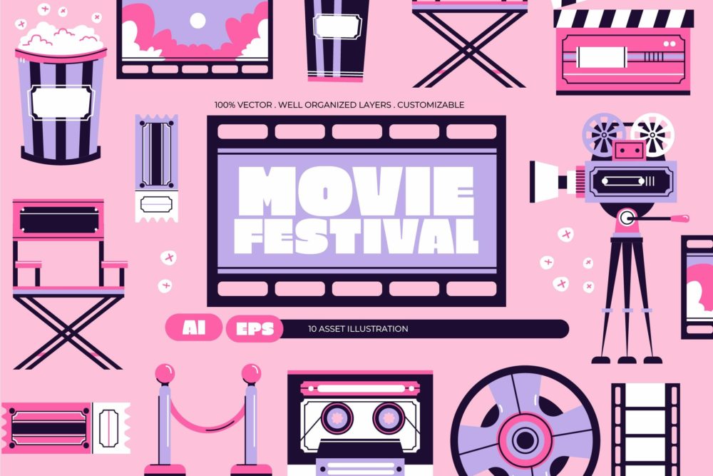粉红电影主题海报网站社交媒体手绘插画矢量设计素材 Pink Movie Festival Asset Illustration 图片素材 sucaiwan.com