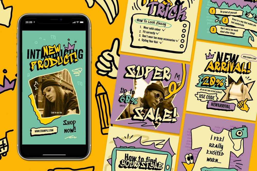 米色古怪涂鸦ins风公众号推文电商海报设计PSD分层源文件素材 Beige Quirky Fashion Instagram Set 幻灯图表 sucaiwan.com