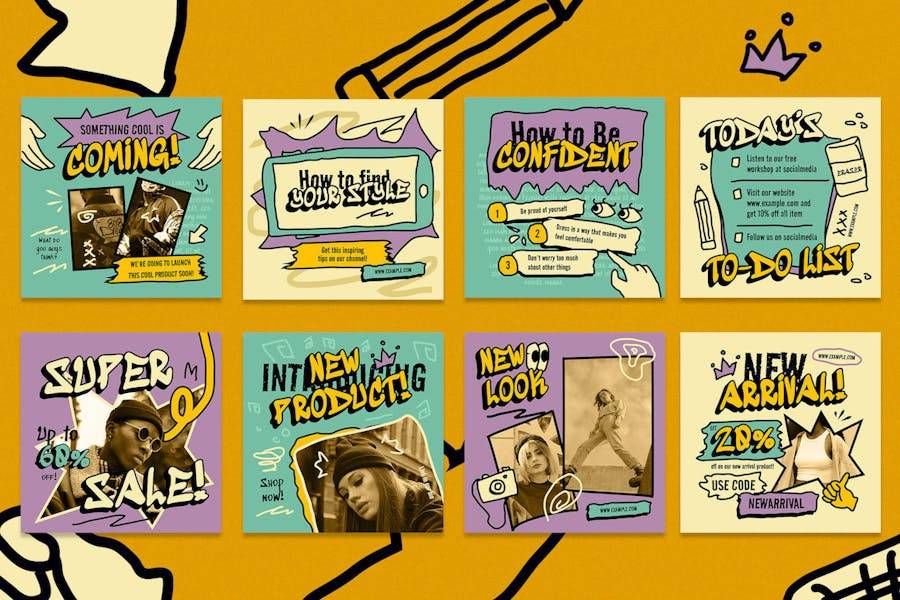 米色古怪涂鸦ins风公众号推文电商海报设计PSD分层源文件素材 Beige Quirky Fashion Instagram Set 幻灯图表 sucaiwan.com