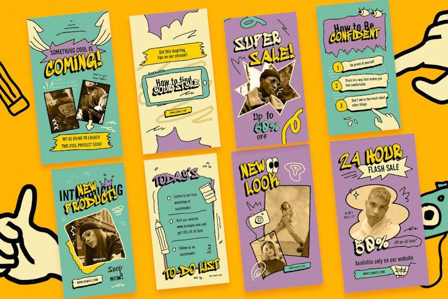 米色古怪涂鸦ins风公众号推文电商海报设计PSD分层源文件素材 Beige Quirky Fashion Instagram Set 幻灯图表 sucaiwan.com