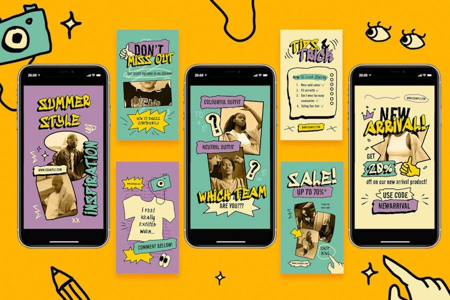 米色古怪涂鸦ins风公众号推文电商海报设计PSD分层源文件素材 Beige Quirky Fashion Instagram Set 幻灯图表 sucaiwan.com