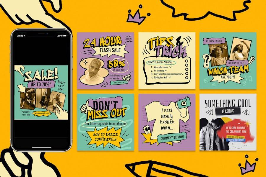 米色古怪涂鸦ins风公众号推文电商海报设计PSD分层源文件素材 Beige Quirky Fashion Instagram Set 幻灯图表 sucaiwan.com