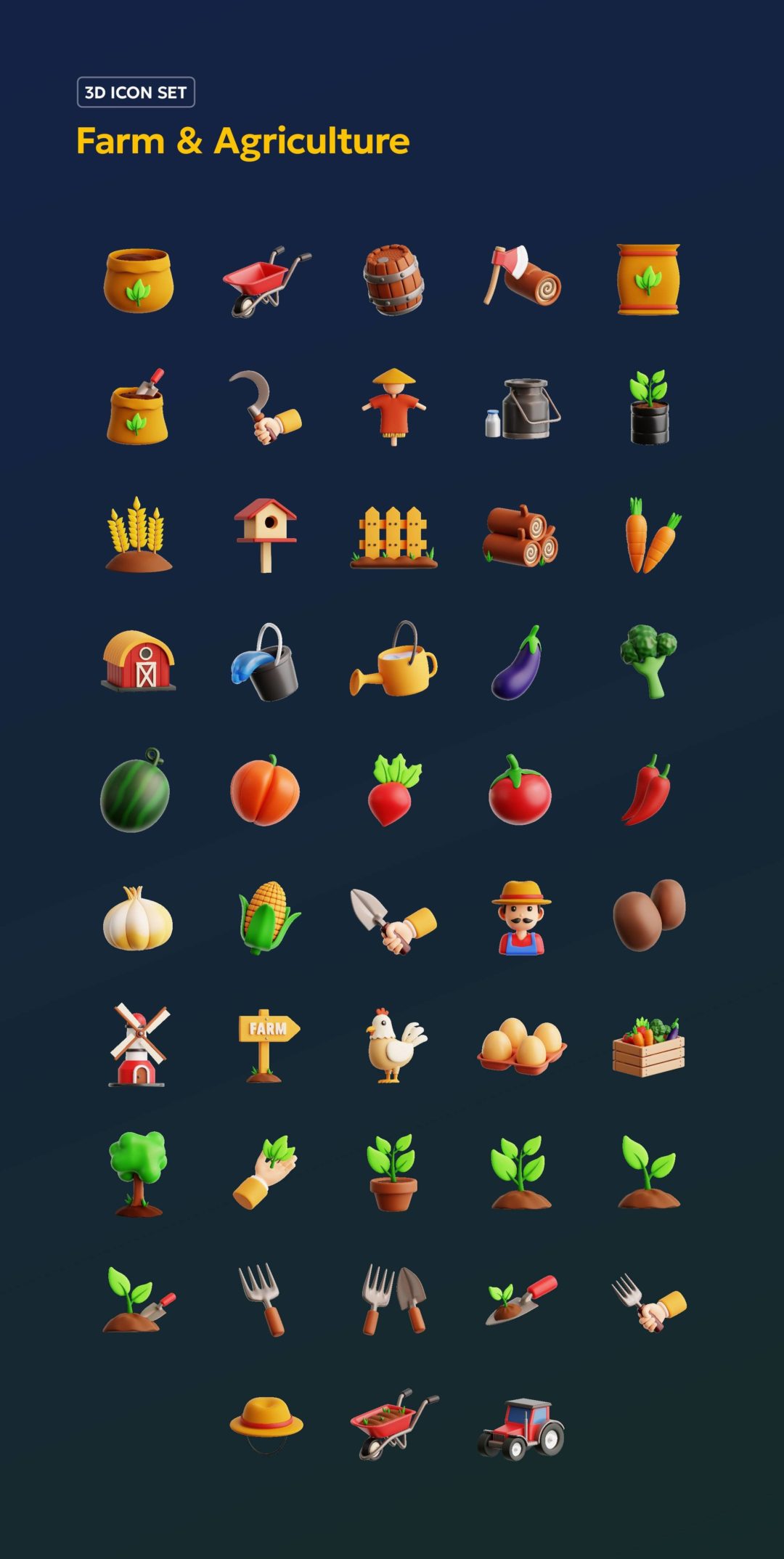 48款农村农场农作物农业机械设备3D插图图标Icons设计Blender/PNG格式素材 Farm & Agriculture 3D Icon Pack 图标素材 sucaiwan.com