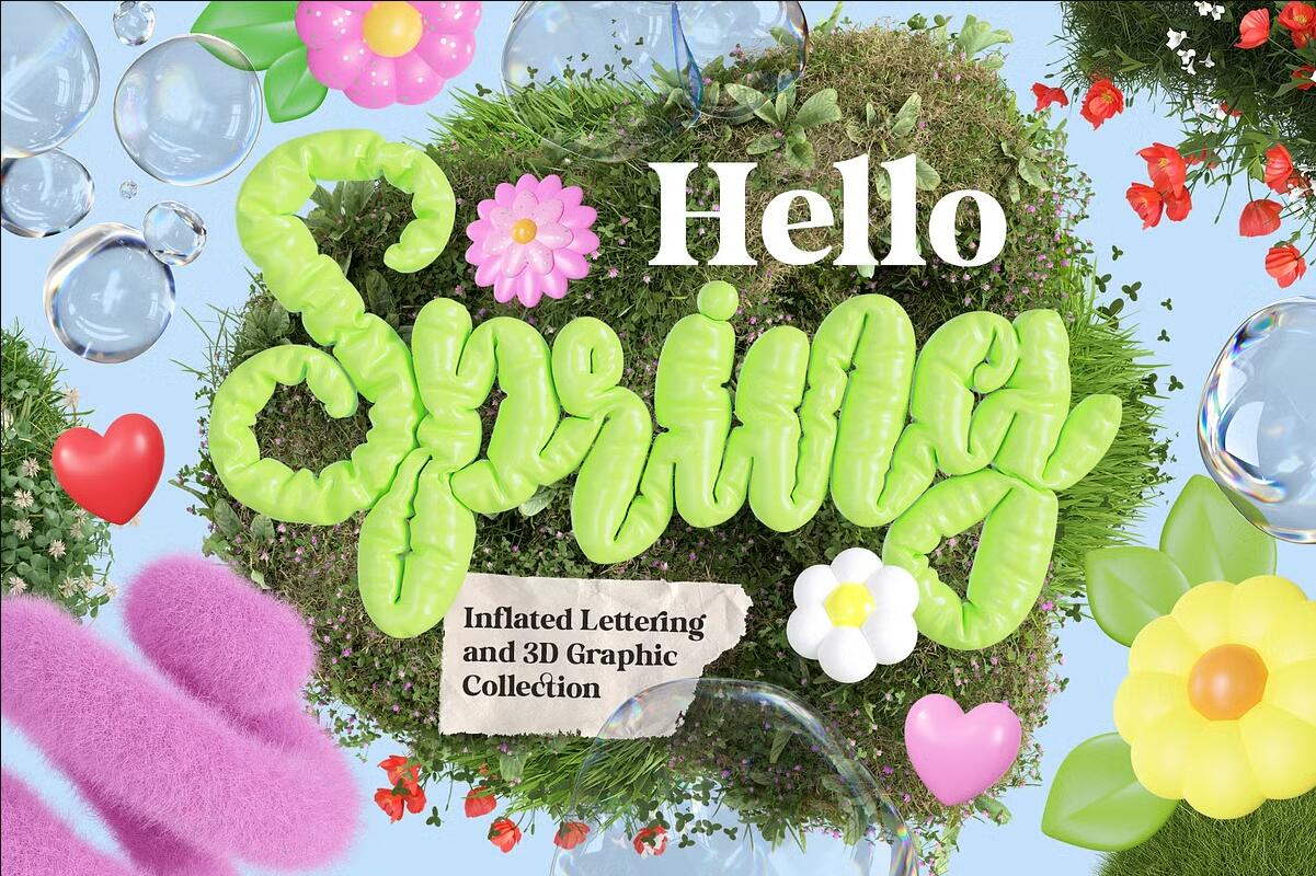 120个趣味Y2K春季立春3D立体英文标题充气膨胀花卉花朵草地绿植水滴气泡PNG免扣元素设计套装 Hello Spring – 3D Lettering Set , 第1张-素材湾丨精选海外优质设计素材资源 120个趣味Y2K春季立春3D立体英文标题充气膨胀花卉花朵草地绿植水滴气泡PNG免扣元素设计套装 Hello Spring – 3D Lettering Set , sucaiwan.com