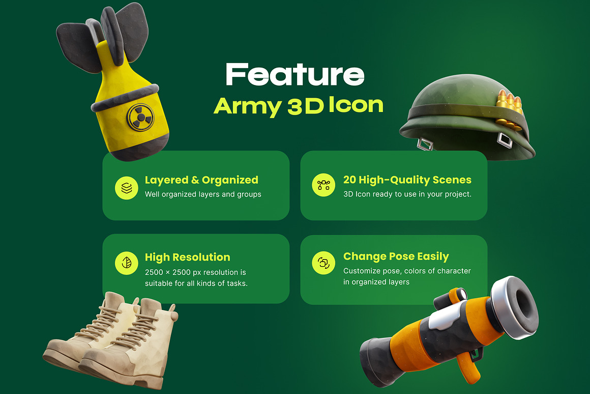 20款卡通创意陆军军事装备3D插图图标Icons设计素材Blender/PNG格式 Army 3D Icon 图标素材 sucaiwan.com