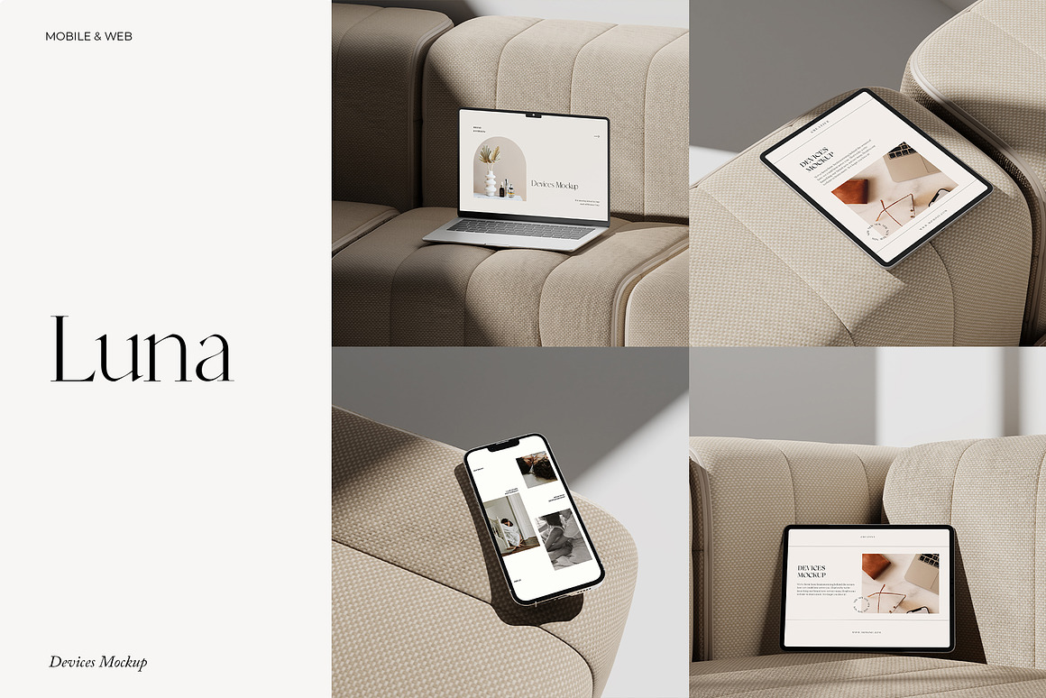 15款文艺苹果iPhone手机iPad平板MacBook笔记本PS贴图样机模板效果图 Luna – Devices Mockup 样机素材 sucaiwan.com