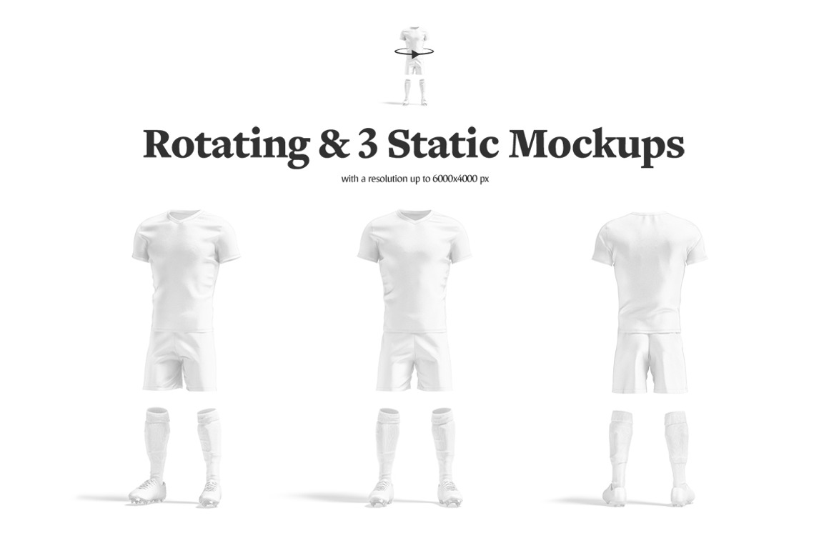 逼真3D立体足球队服球服服装设计展示效果图PS贴图样机模板素材 Soccer Kit Animated Mockup 样机素材 sucaiwan.com