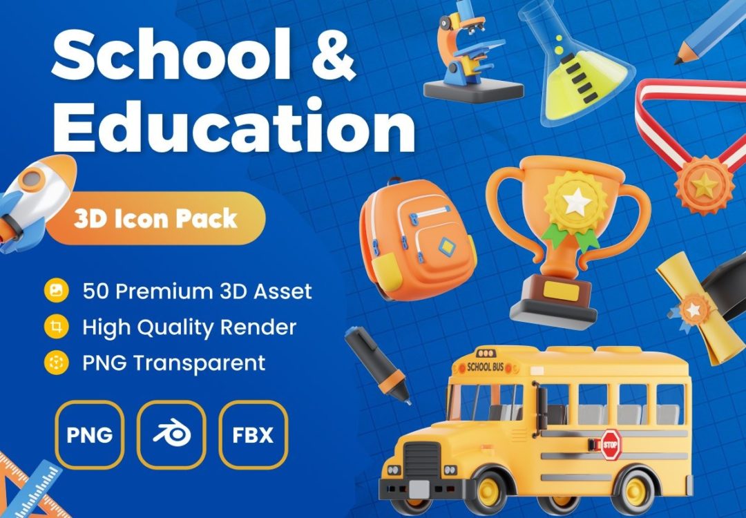 50款卡通创意学校教育教学3D插图图标Icons设计Blender/PNG/FBX格式素材 School & Education 3D Icon Pack 图标素材 sucaiwan.com