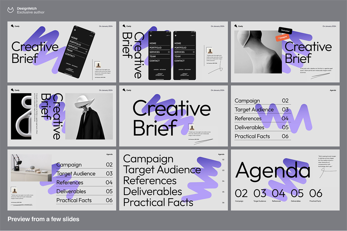 40+现代动态独特极简艺术品牌VI手册艺术PPT幻灯片演示文稿 Creative brief template – Conly , 第8张-素材湾丨精选海外优质设计素材资源 40+现代动态独特极简艺术品牌VI手册艺术PPT幻灯片演示文稿 Creative brief template – Conly , sucaiwan.com