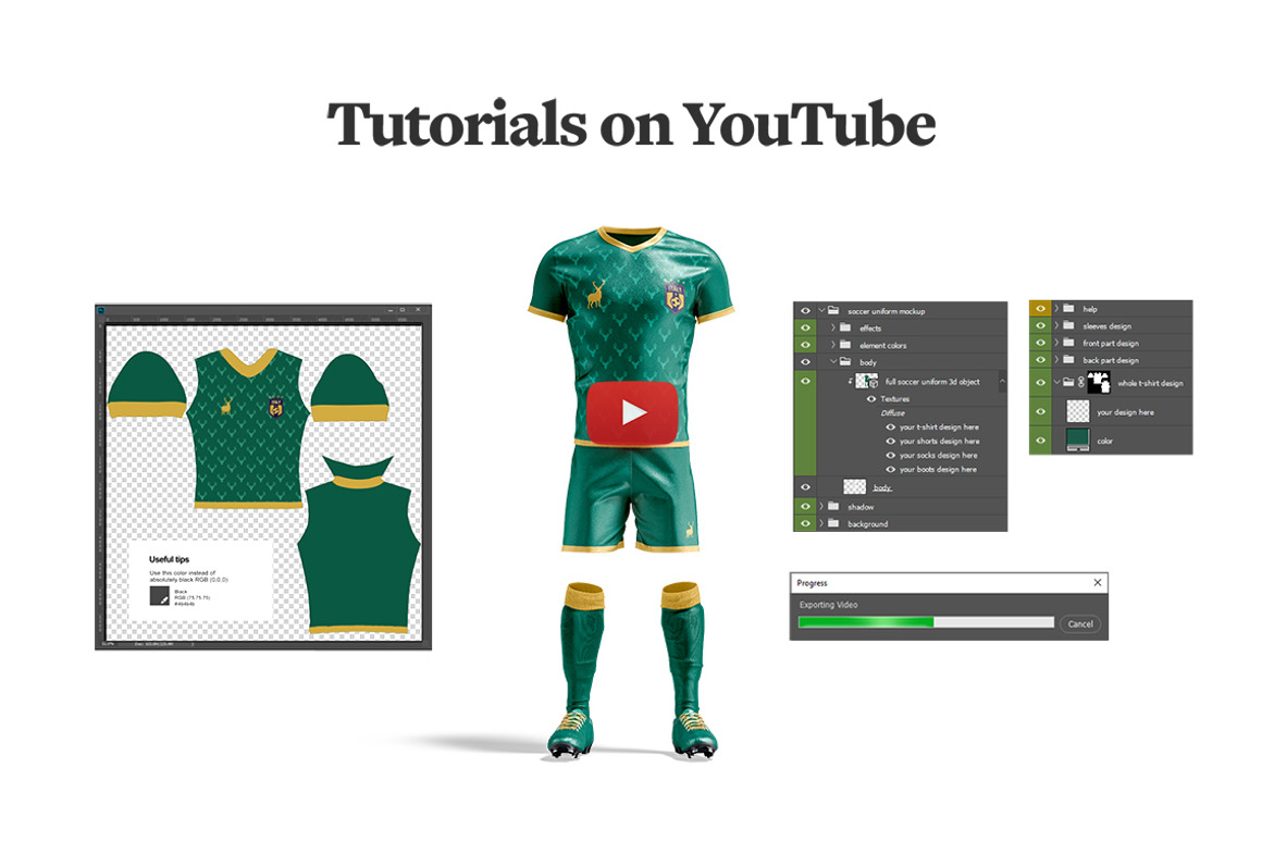 逼真3D立体足球队服球服服装设计展示效果图PS贴图样机模板素材 Soccer Kit Animated Mockup 样机素材 sucaiwan.com