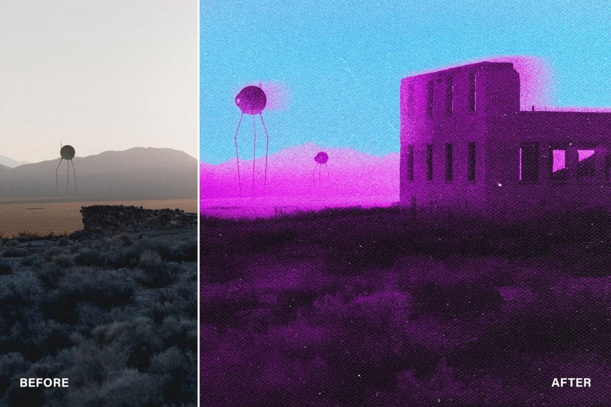 复古怀旧赛博朋克模糊噪点划痕效果照片图片修图PS特效样机模板 Cosmic Grit Photo Effect 插件预设 sucaiwan.com