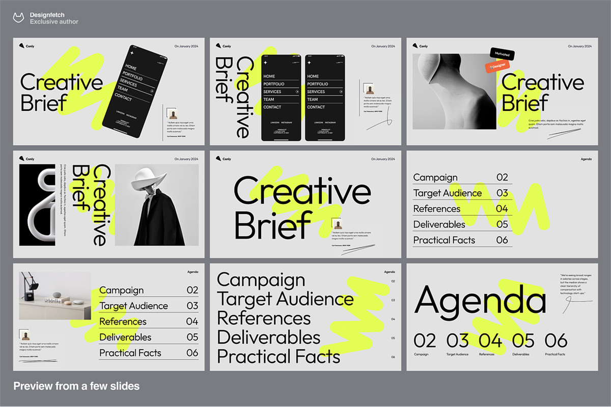 40+现代动态独特极简艺术品牌VI手册艺术PPT幻灯片演示文稿 Creative brief template – Conly , 第9张-素材湾丨精选海外优质设计素材资源 40+现代动态独特极简艺术品牌VI手册艺术PPT幻灯片演示文稿 Creative brief template – Conly , sucaiwan.com