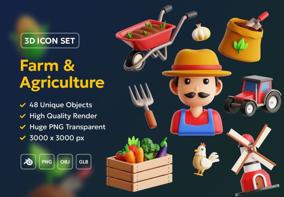 48款农村农场农作物农业机械设备3D插图图标Icons设计Blender/PNG格式素材 Farm & Agriculture 3D Icon Pack 图标素材 sucaiwan.com