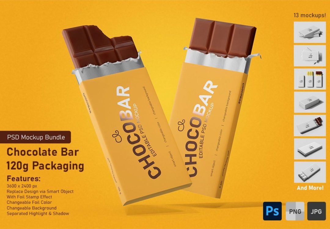13款逼真巧克力棒包装盒设计展示效果图PS贴图样机模板素材 Chocolate Candy Bar Packaging PSD Mockup Set 样机素材 第1张-素材湾丨精选海外优质设计素材资源 13款逼真巧克力棒包装盒设计展示效果图PS贴图样机模板素材 Chocolate Candy Bar Packaging PSD Mockup Set 样机素材 sucaiwan.com