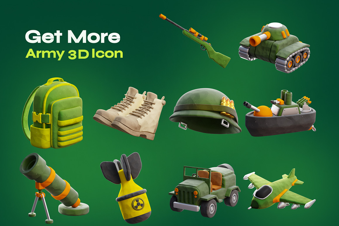 20款卡通创意陆军军事装备3D插图图标Icons设计素材Blender/PNG格式 Army 3D Icon 图标素材 sucaiwan.com