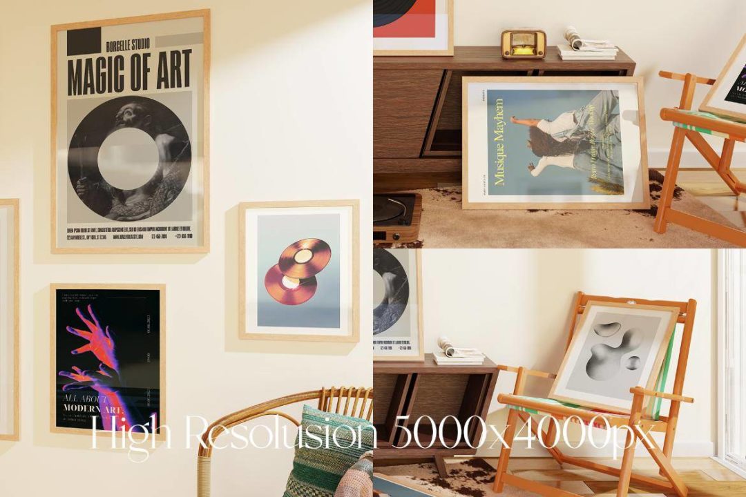 8款优雅室内场景海报艺术品挂画设计相框框架展示效果图PS贴图样机模板 Retro Frame Mockup Scene 样机素材 sucaiwan.com
