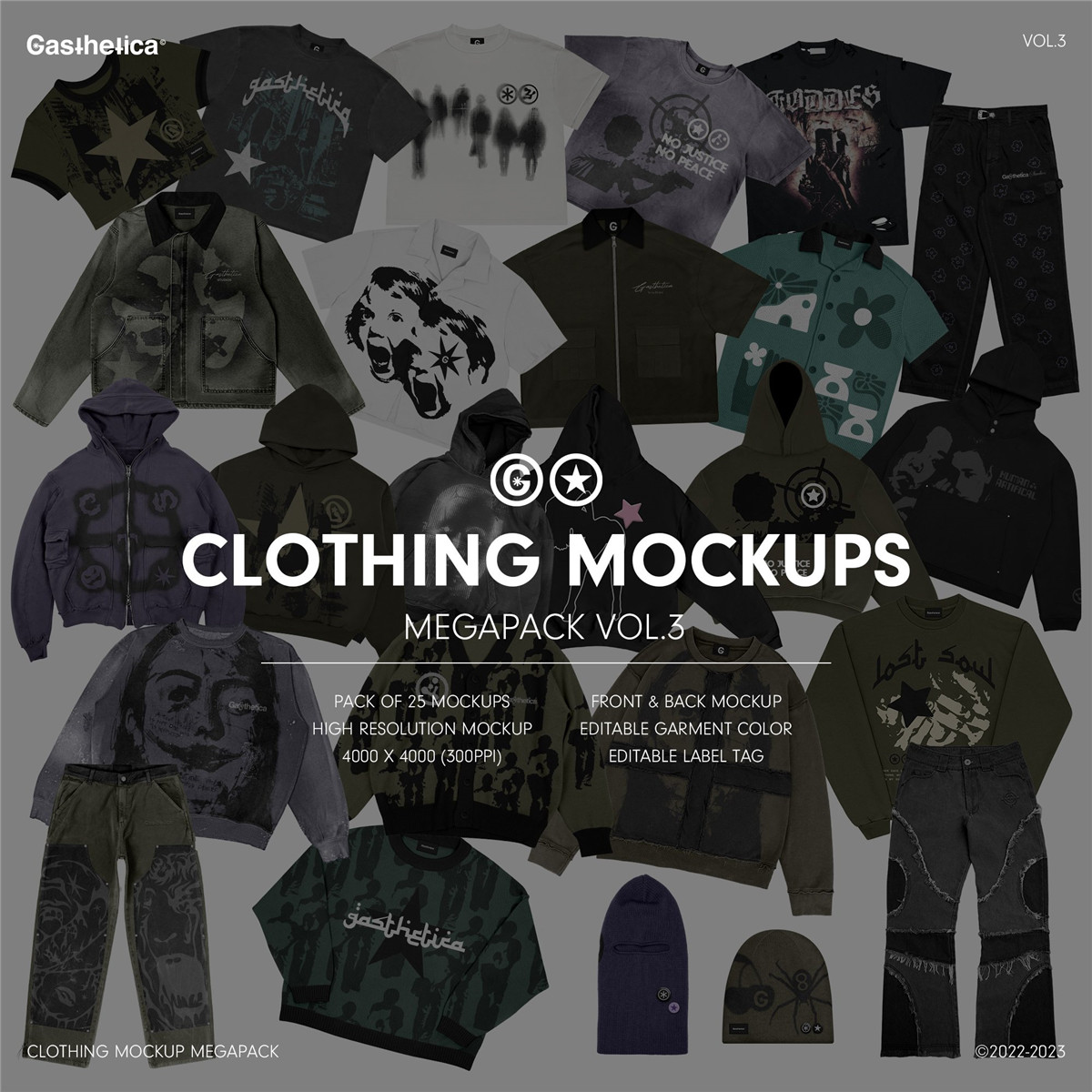 25款4K高清复古小众街头潮牌服装品牌卫衣衬线短袖T恤连帽外套牛仔裤休闲裤毛线帽头套印花设计展示PSD样机套装CLOTHING MOCKUP MEGAPACK VOL.3 , sucaiwan.com