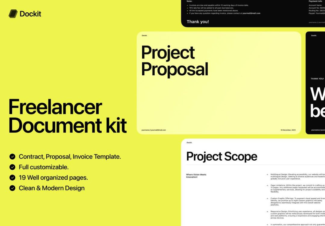 19页现代极简公司介绍项目提案演示文稿板式设计figma模板套件素材 Dockit | The Ultimate Freelancer document Kit APP UI sucaiwan.com