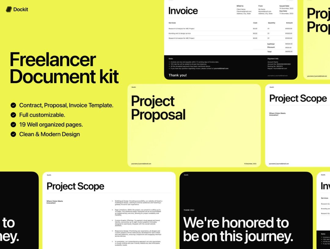 19页现代极简公司介绍项目提案演示文稿板式设计figma模板套件素材 Dockit | The Ultimate Freelancer document Kit APP UI sucaiwan.com