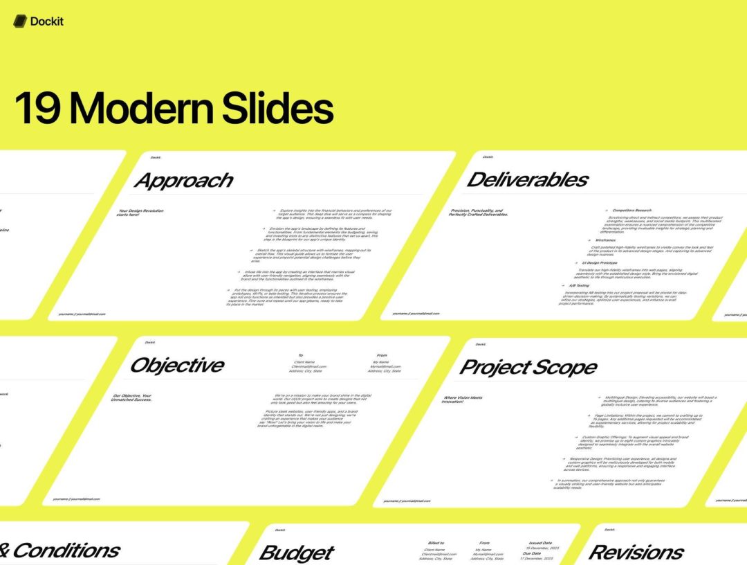 19页现代极简公司介绍项目提案演示文稿板式设计figma模板套件素材 Dockit | The Ultimate Freelancer document Kit APP UI sucaiwan.com