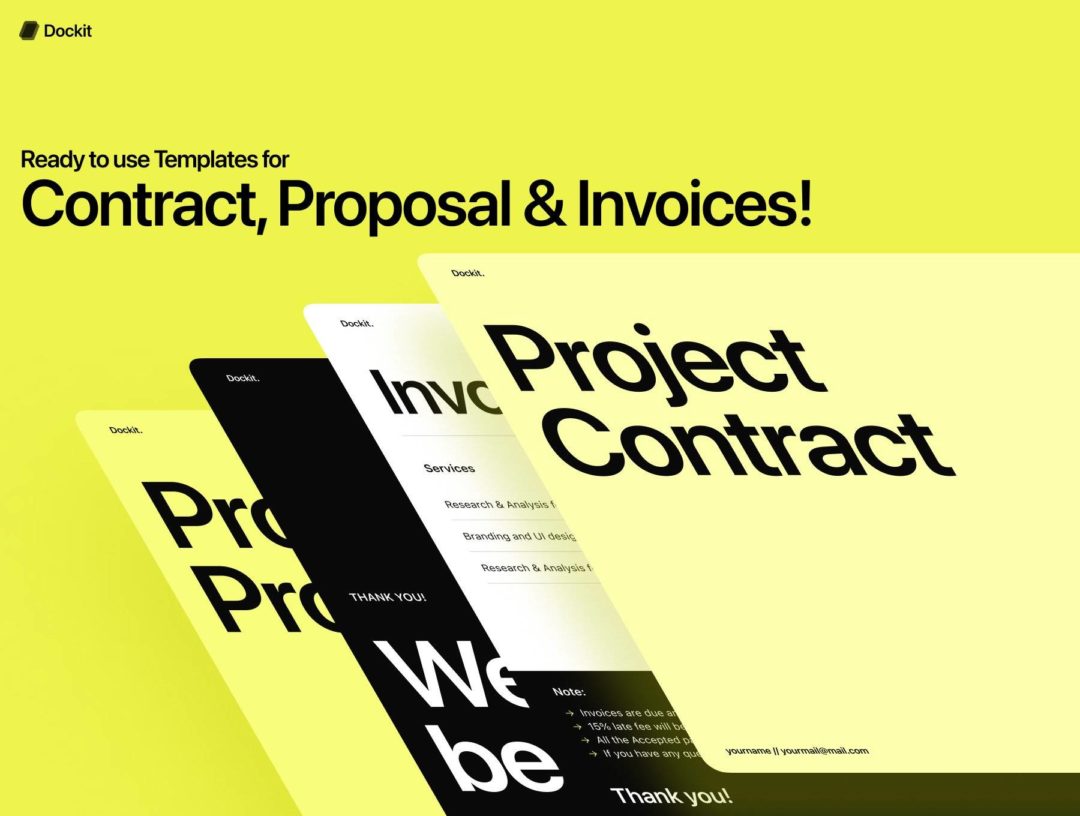 19页现代极简公司介绍项目提案演示文稿板式设计figma模板套件素材 Dockit | The Ultimate Freelancer document Kit APP UI sucaiwan.com